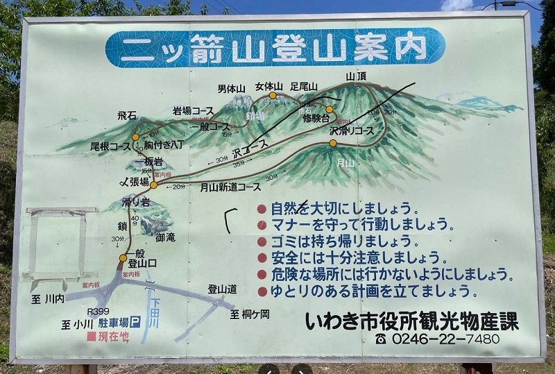 二ツ箭山入口駐車場の二ツ箭山登山案内